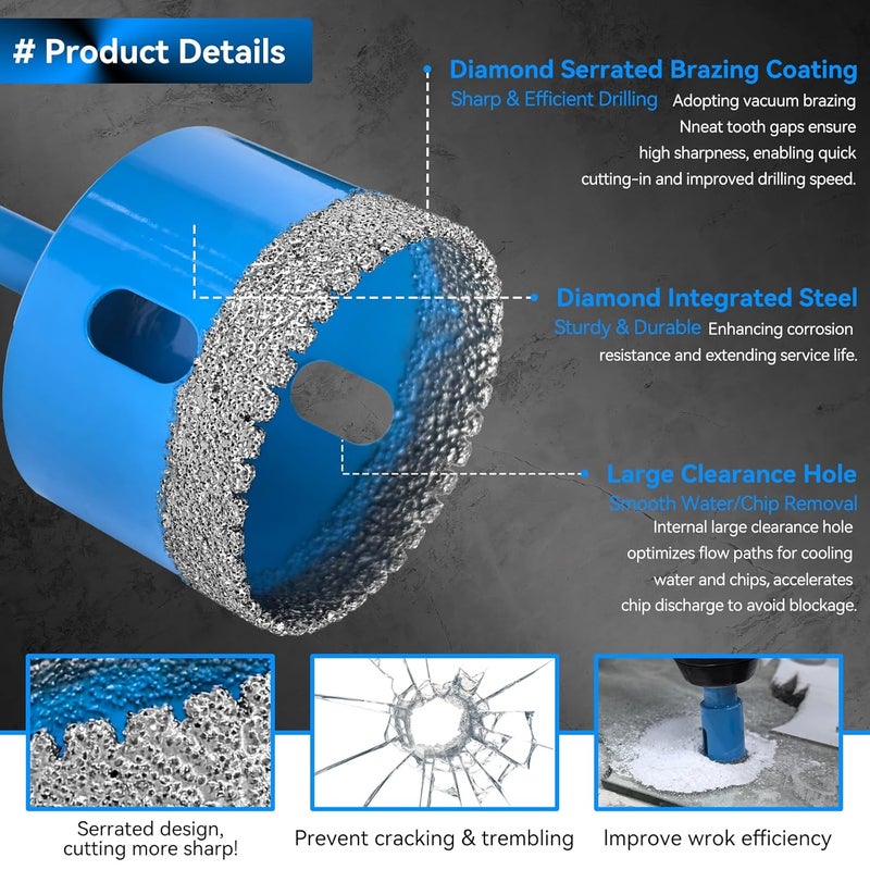 ZNXIMER Diamond Hole Saw Tile Drill Bits Kit, 11 PCS Serrated Brazing Tile Core Drill Bits Sets with EVA Hole Saws Guide Jig Hollow Drill Hole Saw for Ceramic, Glass,Tile, Marble,Granite, Gypsum,Wood - Image 3
